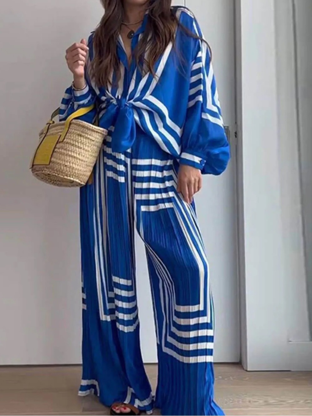 Blue & White Wide Leg Stripe Jumpsuit